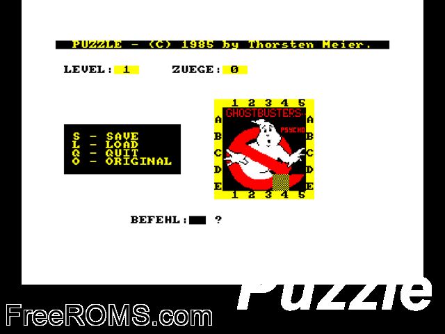 Puzzle (G) (1985) [a1] Amstrad CPC game showing 3D box cover and gameplay screenshot